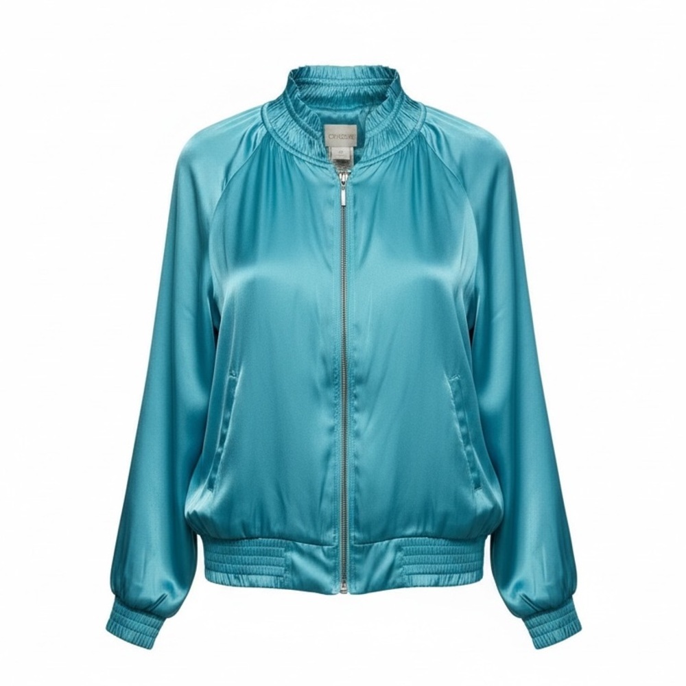 Chico’s Shirred Satin Zip Jacket Teal Blue Women’s Size L Lightweight